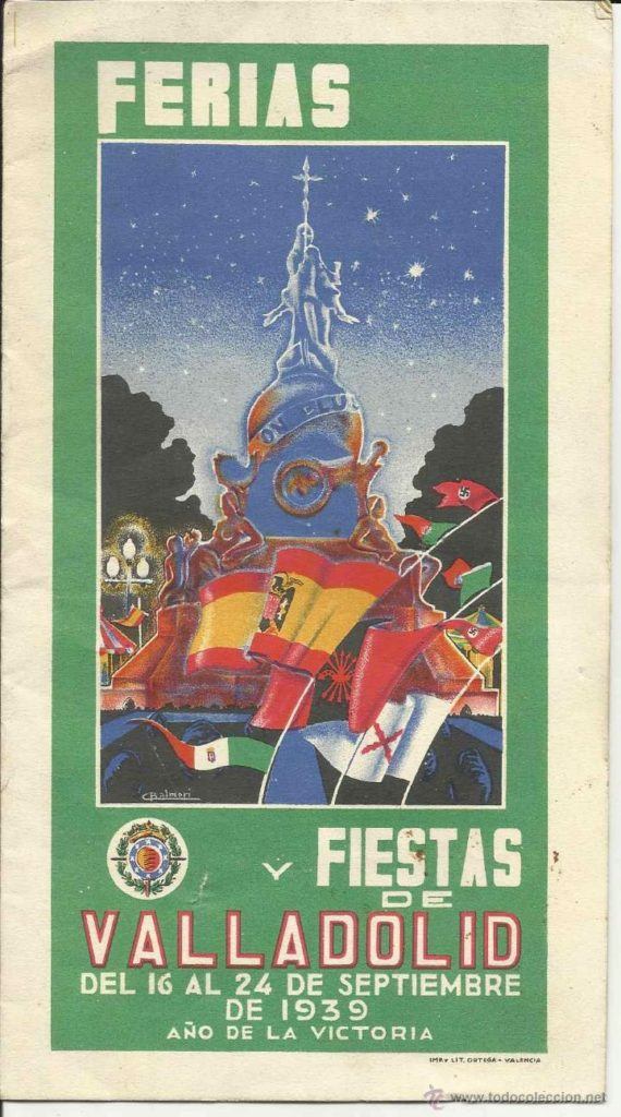 En 1939 supuso el fin de la Guerra Civil en España, con una imagen de Colón, (en referencia a una de las estatuas más importantes de Valladolid). En el año 1905 se usó esta misma imagen para el cartel de fiestas. Vemos como en el cartel ya no hay nada informativo, se centra en la imagen. 